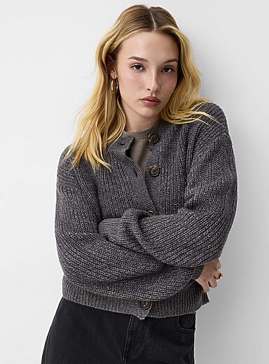 Marbled buttons shaker-rib cardigan