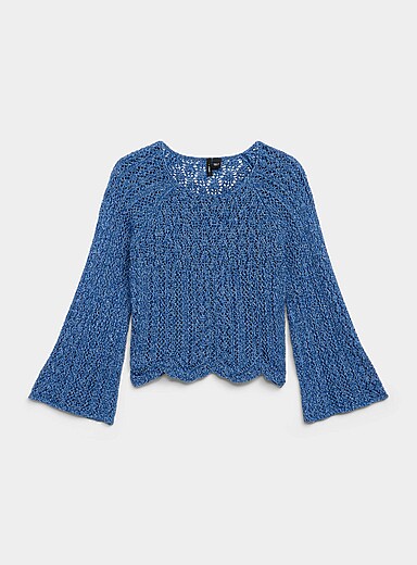 Flared-sleeve crocheted cropped sweater