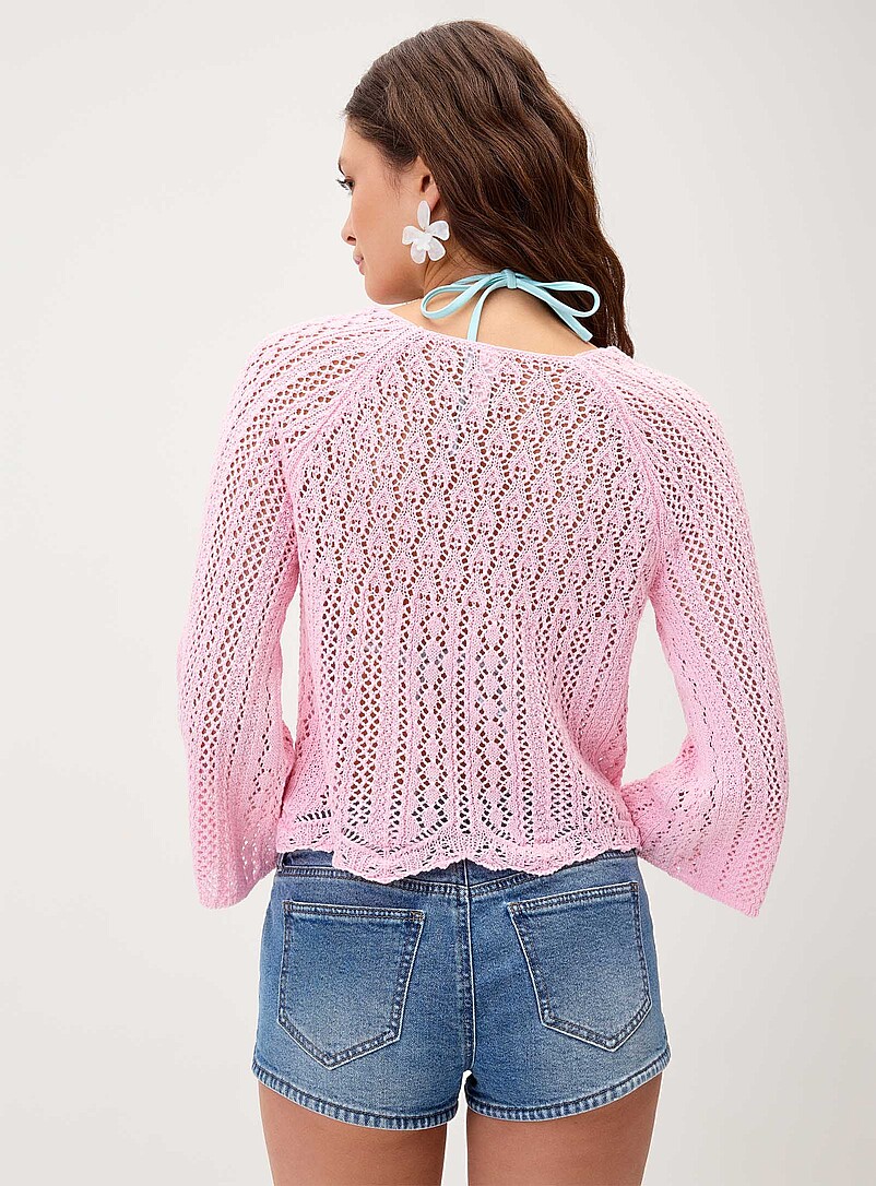 Only Mint/Pistachio Green Flared-sleeve crocheted cropped sweater for women