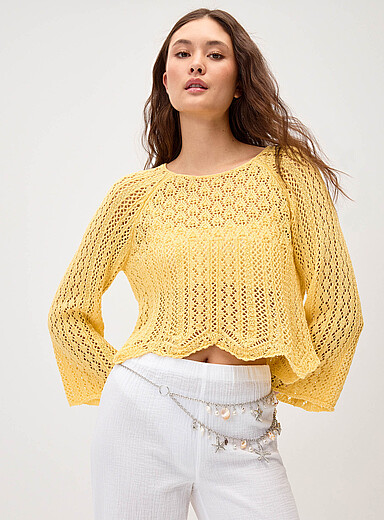 Flared-sleeve crocheted cropped sweater