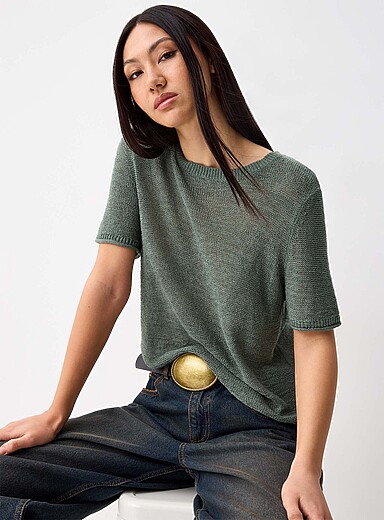 Rolled trim fine-knit sweater