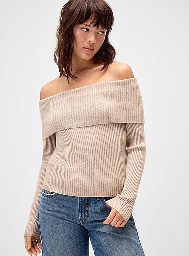 Ribbed Bardot collar sweater