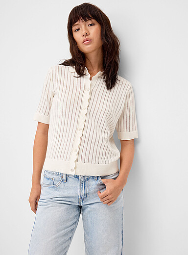 Le cardigan bords festonn&eacute;s tricot pointelle 