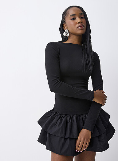 Only: La robe col bateau jupe popeline Noir pour femme