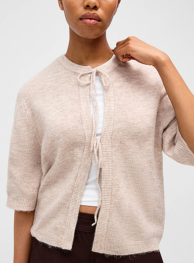 Only Ivory/Cream Beige Tie-up boxy-fit cardigan for women