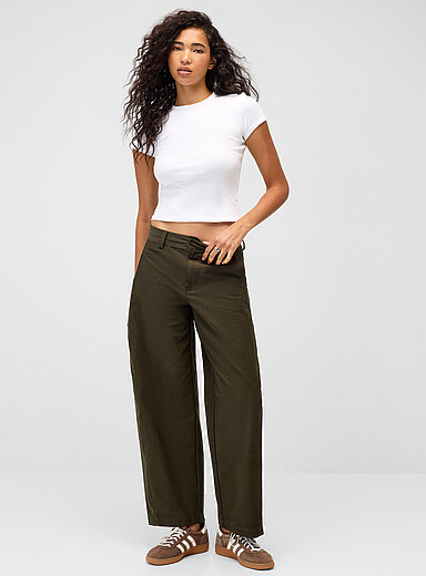 Only Khaki/Sage/Olive Plain twill barrel-leg pant for women