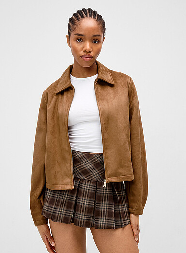 Only: La veste carr&eacute;e effet su&egrave;de col chemise Brun clair pour femme