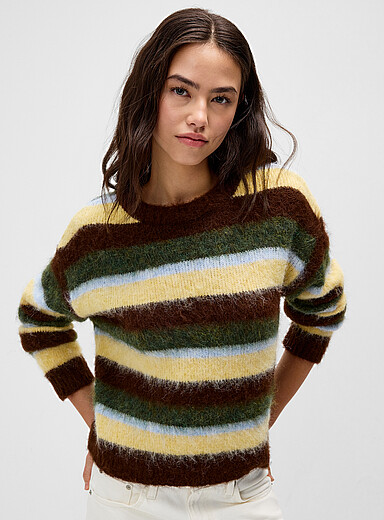 Only Patterned Brown Retro stripes fuzzy sweater for women