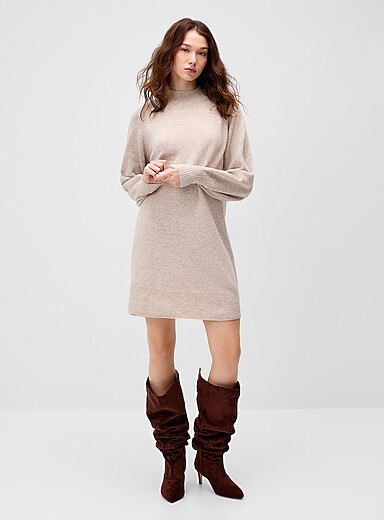 Only Ivory/Cream Beige Loose knit mock-neck dress for women