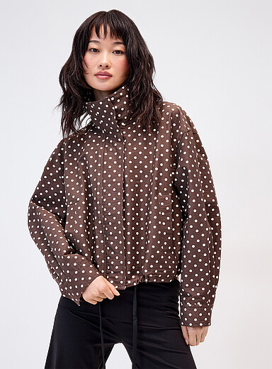 Polka-dotted funnel-neck jacket