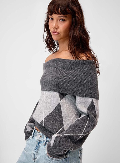 Only: Le chandail argyle col bardot Gris &agrave; motifs pour femme