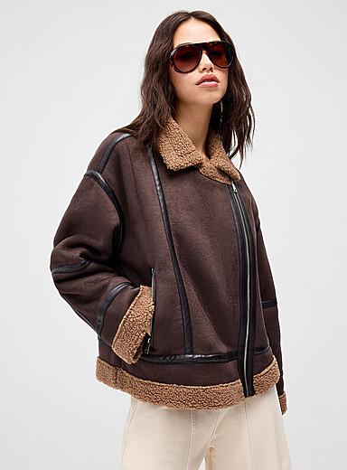 Only Chocolate/Espresso Loose high-pile fleece aviator jacket for women