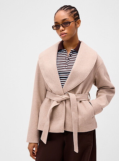Only Beige/Greige Shawl-collar belted short coat for women