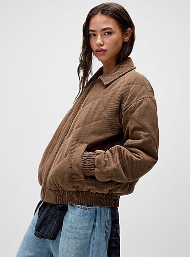 Only Taupe Cropped quilted corduroy jacket for women