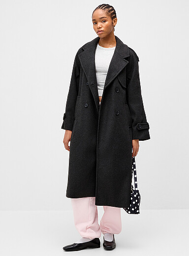 Only: Le paletot effet trench feutr&eacute; Gris ardoise pour femme