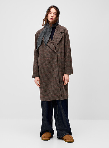 Only: Le paletot feutr&eacute; double boutonnage carreaux Brun &agrave; motifs pour femme