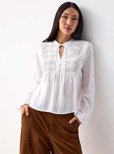 Only: La blouse broderie anglaise Blanc pour femme
