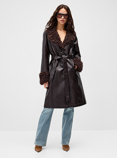 Only: Le long manteau faux cuir fausse fourrure fris&eacute;e Chocolat - Espresso pour femme