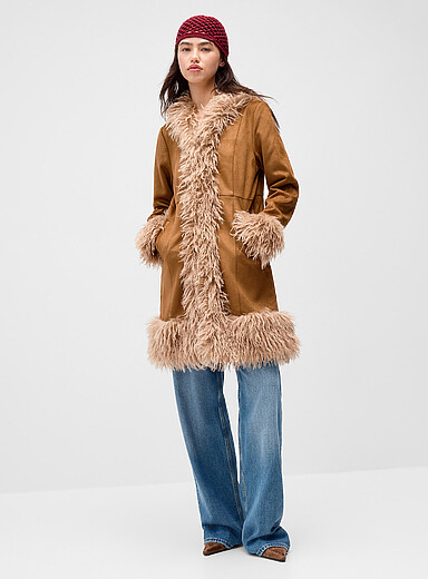 Only Honey/Camel Mid-length faux-fur suede coat for women