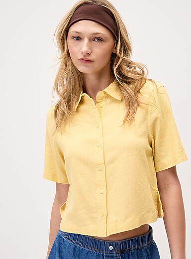 Only: La chemise carr&eacute;e lin m&eacute;lang&eacute; Jaune ma&iuml;s - Vanille pour femme