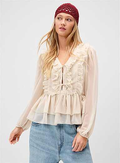 Only Off White Ruffled chiffon blouse for women