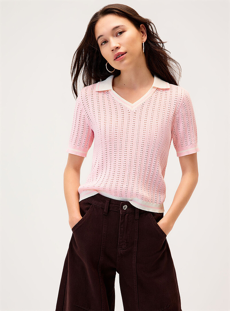 Contrast Trim Pointelle Knit Sweater