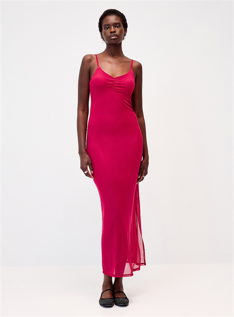 Ruched Bodice Mesh Maxi Dress
