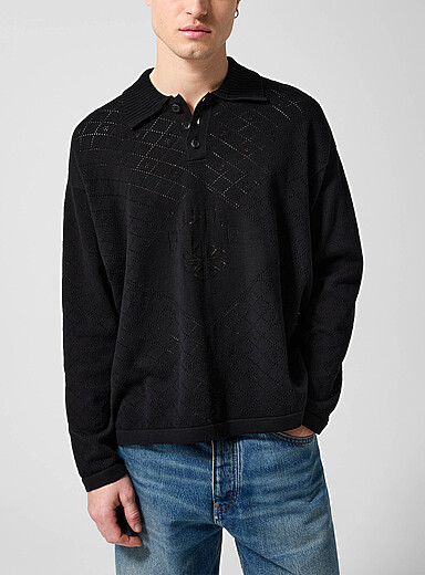 BODE Black Anisette pointelle knit polo shirt for men