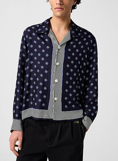 BODE Navy/Midnight Blue Diamonds and stripes pure silk cabana shirt for men