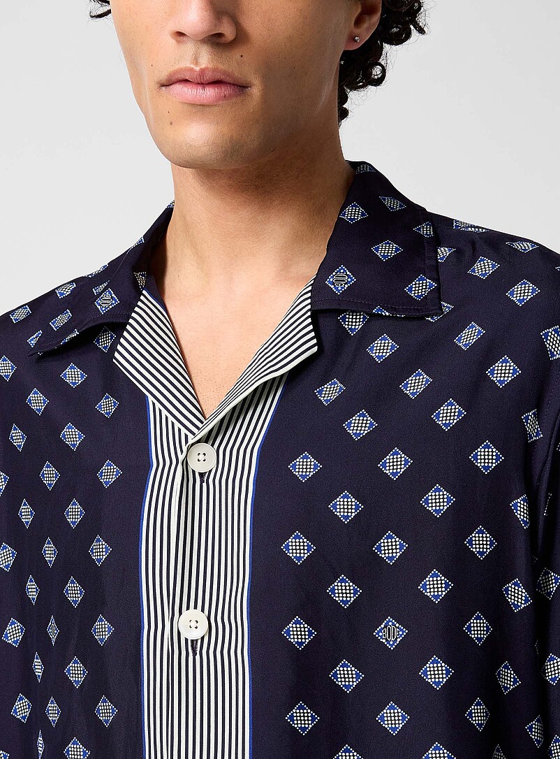 BODE Navy/Midnight Blue Diamonds and stripes pure silk cabana shirt for men