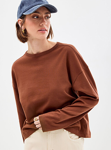 Contemporaine: Le t-shirt carr&eacute; manches longues coton pima Brun noisette pour femme