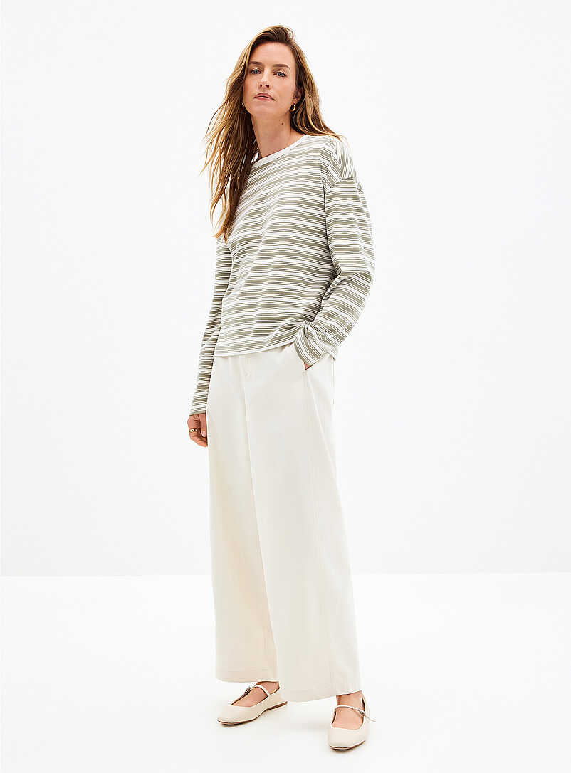 Contemporaine Patterned Green Square-neck long-sleeve striped Pima cotton tee for women