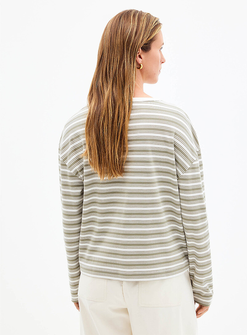 Contemporaine Patterned Green Square-neck long-sleeve striped Pima cotton tee for women
