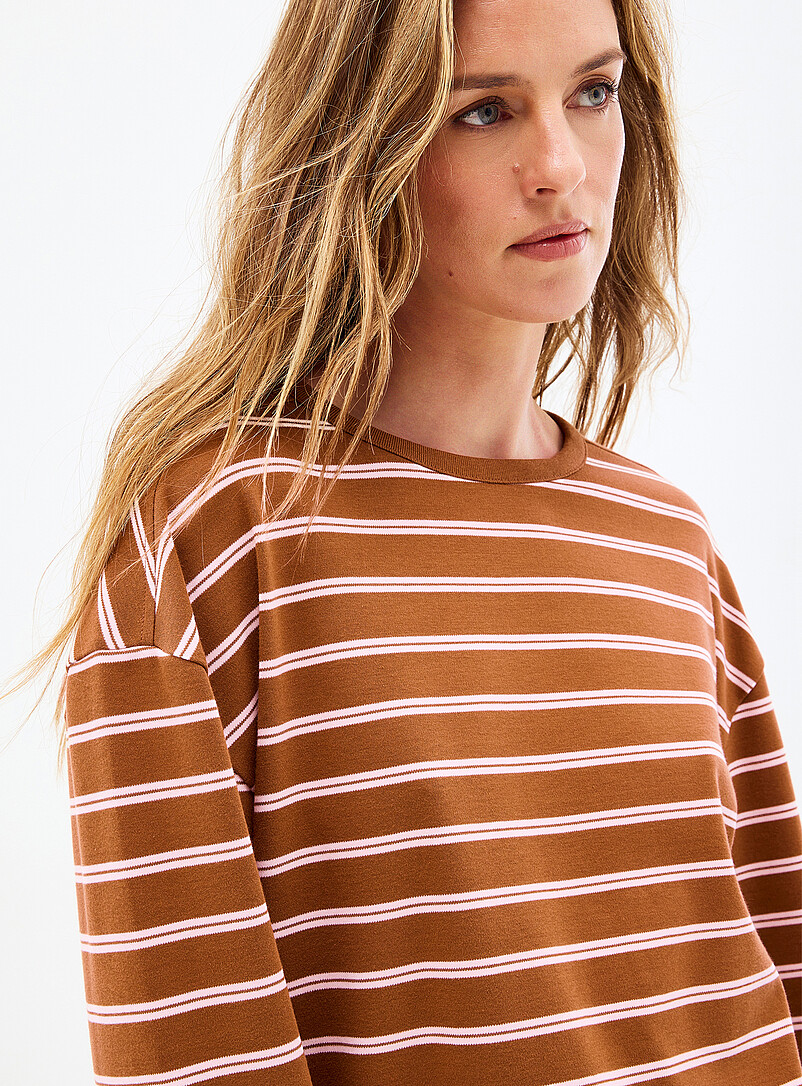 Contemporaine Patterned Green Square-neck long-sleeve striped Pima cotton tee for women