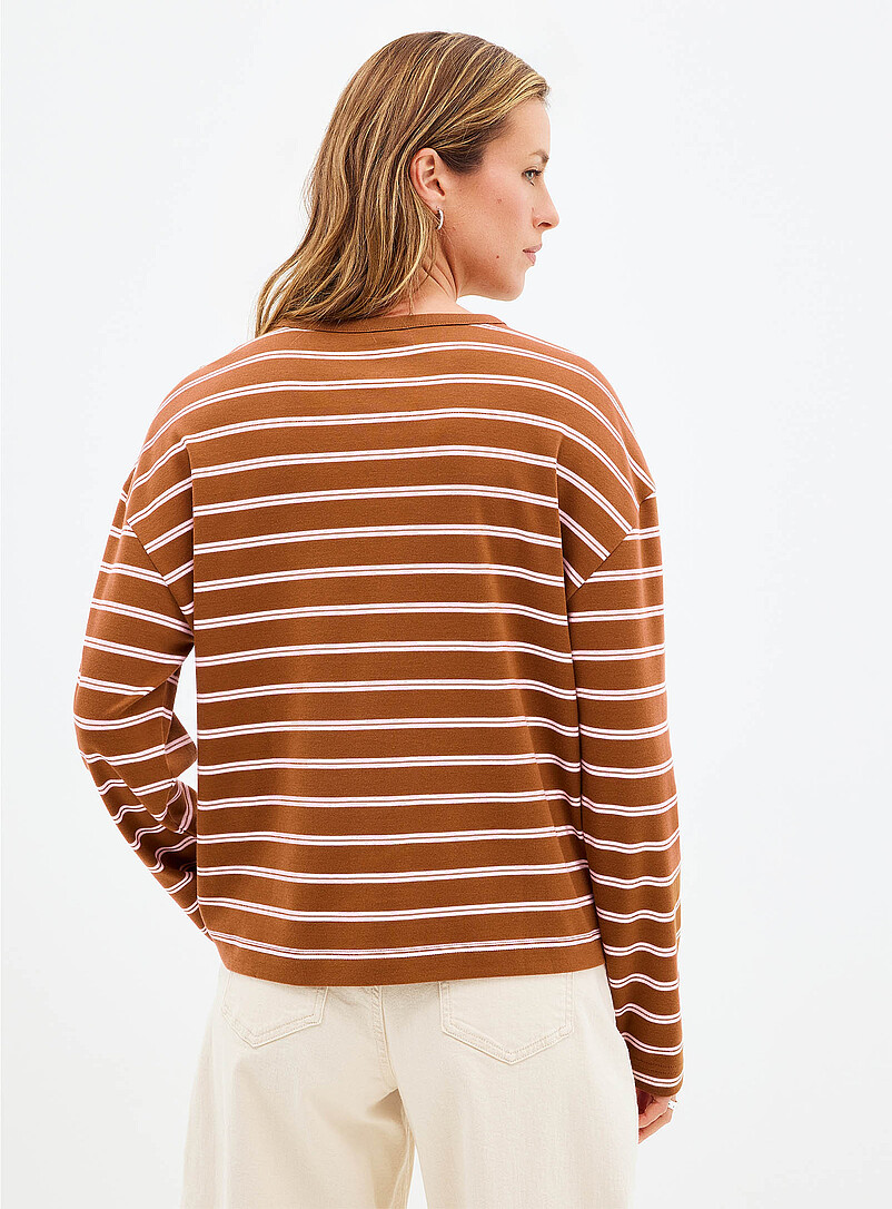 Contemporaine Patterned Green Square-neck long-sleeve striped Pima cotton tee for women