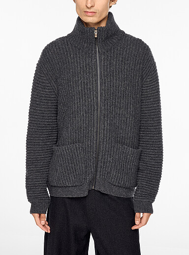 Le17septembre Charcoal Mock-neck zippered rib-knit cardigan for men