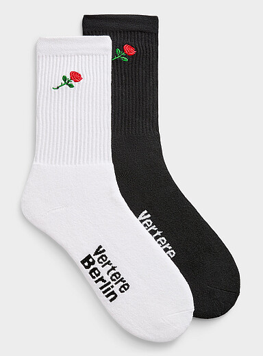 Embroidered rose ribbed socks 2-pack