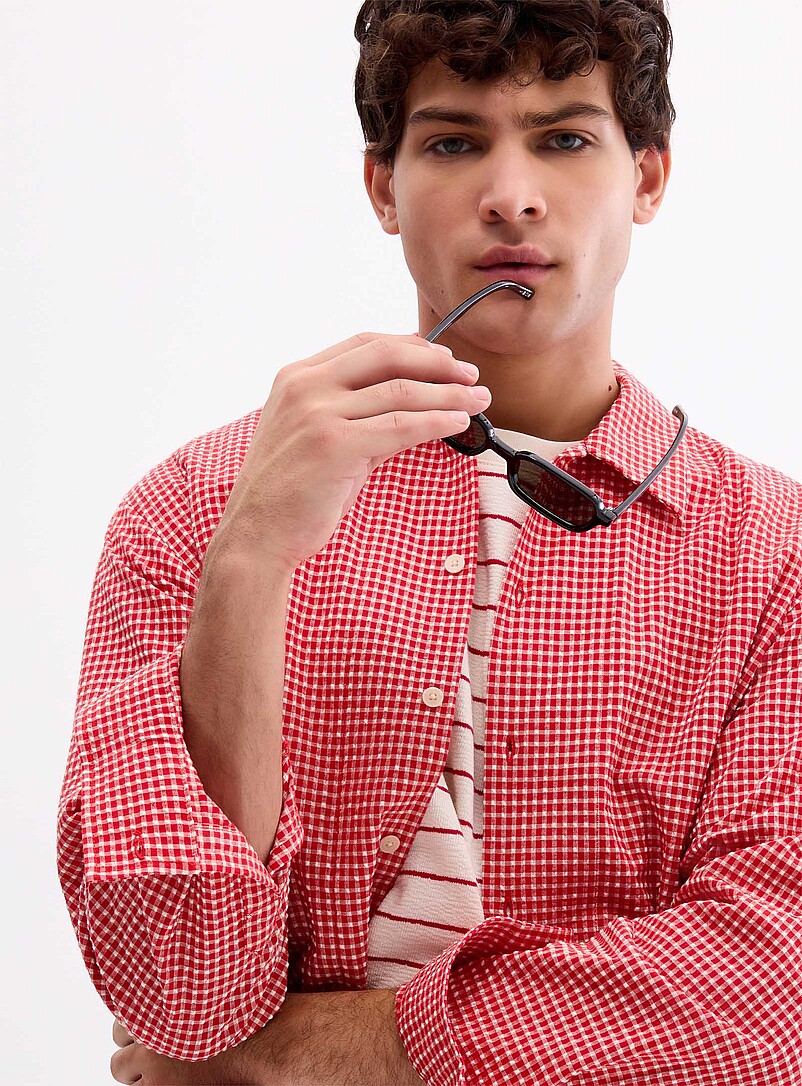 NN. 07 Red Reed gingham seersucker shirt <b>Relaxed fit</b> for men