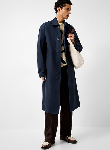 Navy-blue organic cotton long trench coat