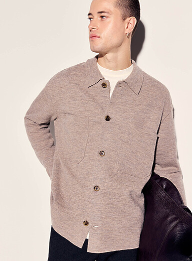 NN. 07 Taupe Boucl&eacute;-knit polo-collar cardigan for men