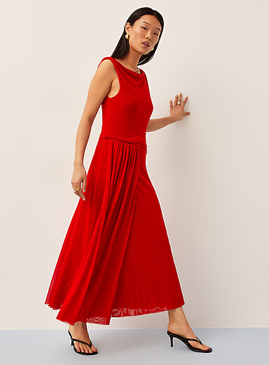 Ic&ocirc;ne Red Twisted details maxi micromesh dress for women