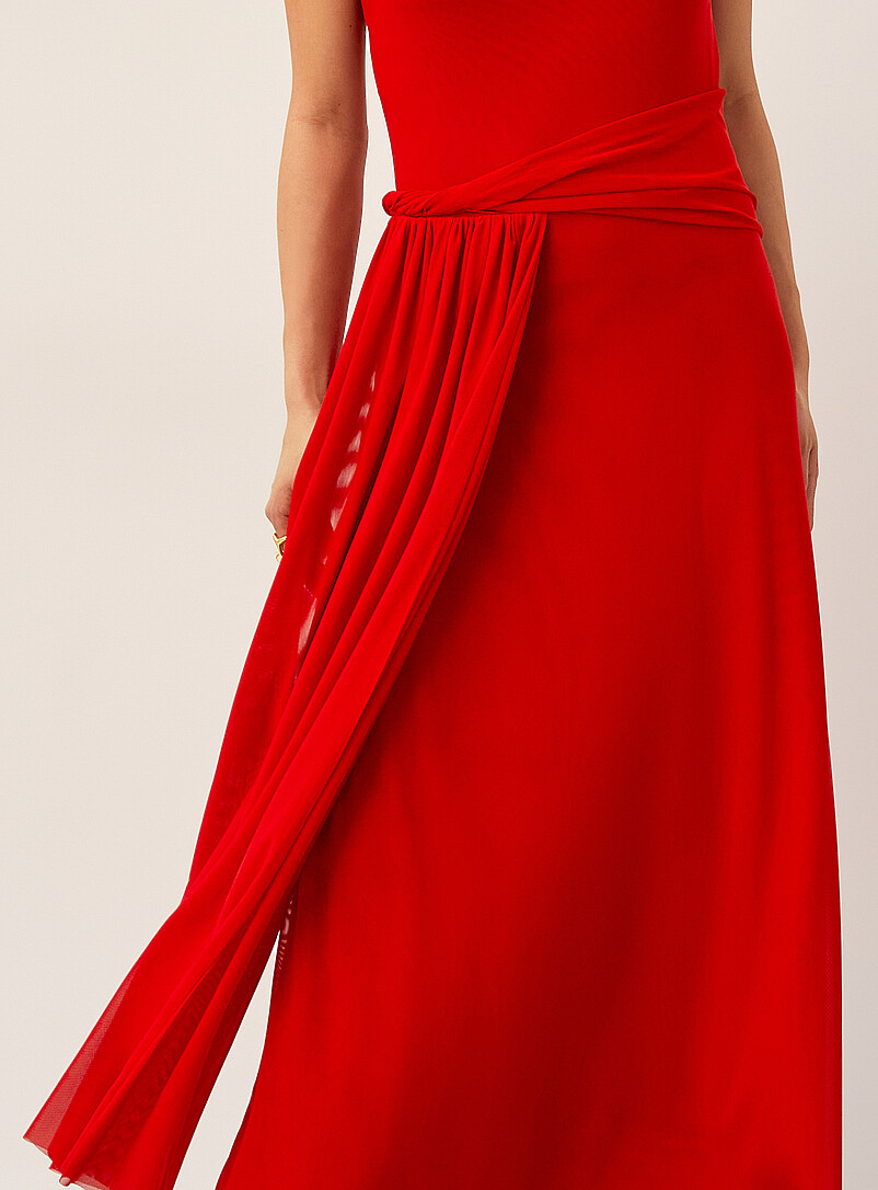 Ic&ocirc;ne Red Twisted details maxi micromesh dress for women