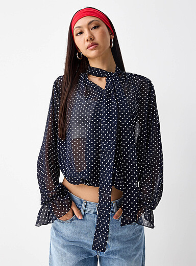 Twik Blue - Polka dots  Polka-dotted scarf-neck chiffon blouse for women