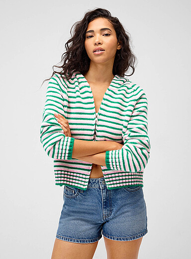 Striped zip-up hooded cardigan
