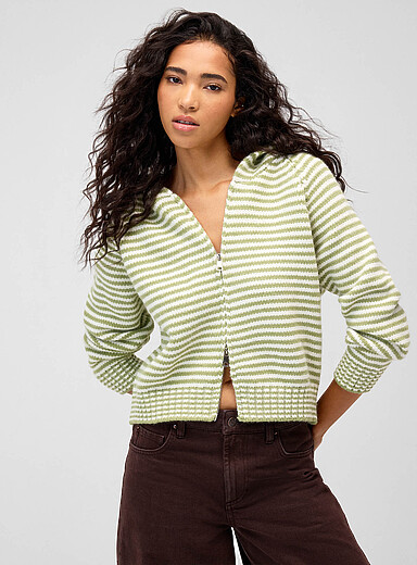 Striped zippered hooded cardigan