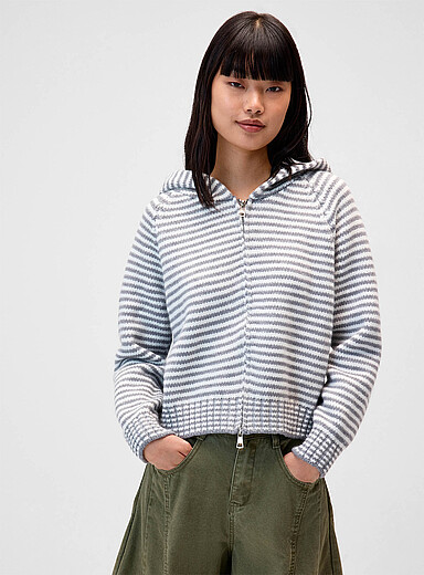 Twik Grey Striped zip-up hooded cardigan for women