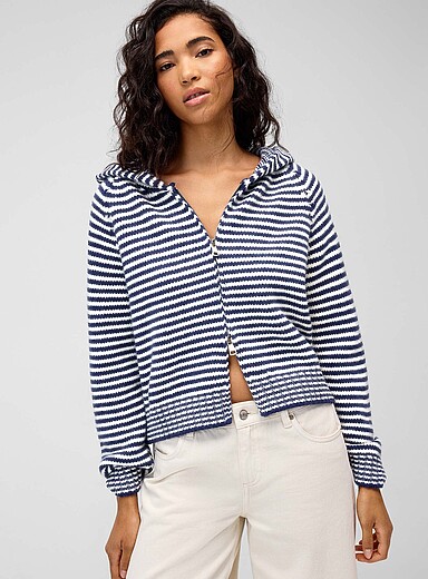 Twik Indigo/Dark Blue Striped zip-up hooded cardigan for women