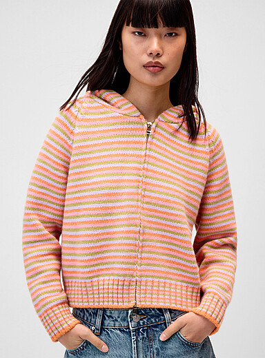 Twik Pink Striped zip-up hooded cardigan for women