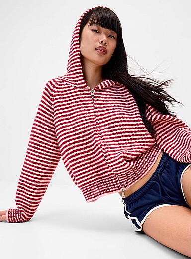 Twik Patterned Red Striped zip-up hooded cardigan for women