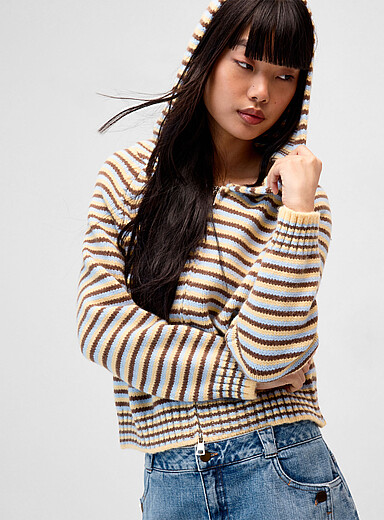 Twik Corn/Vanilla Yellow Striped zippered hooded cardigan for women